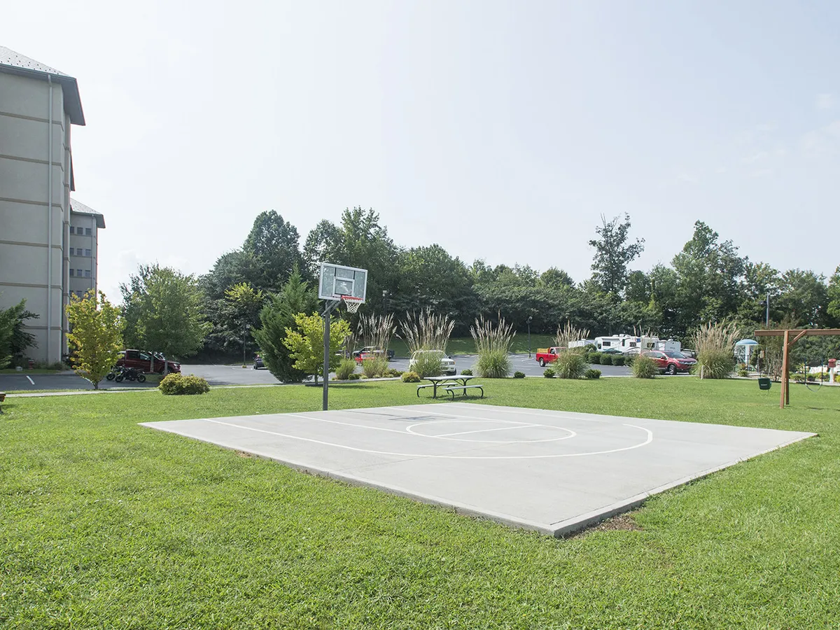 The image presents a well-maintained basketball court bordered by green lawns, shaded by trees, and accompanied by park benches. The scene invites active play, picnics, and outdoor socializing, all set within a safe, family-oriented environment.