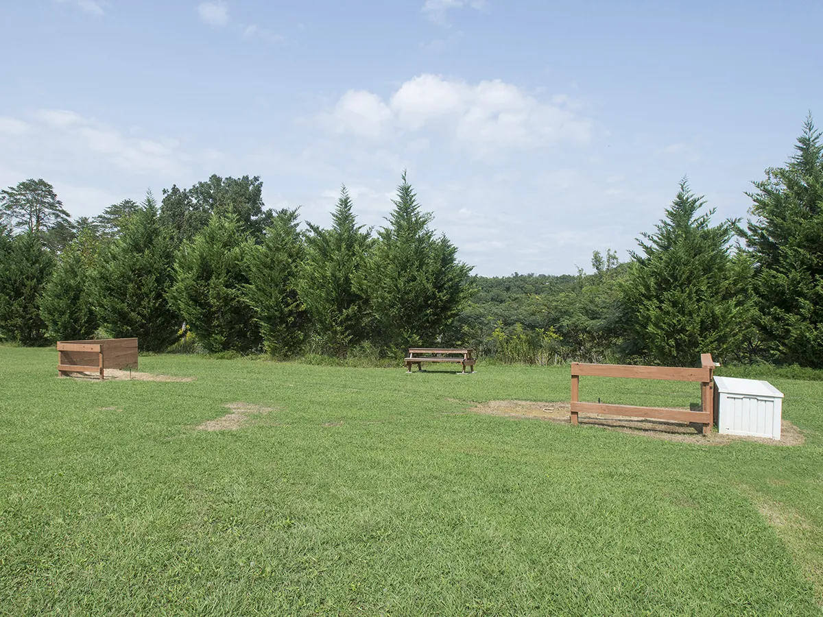 This photo features a serene outdoor green space with benches, lush grass, mature trees, and a distant mountain landscape. The natural setting offers an inviting spot for relaxing, picnicking, or quiet reflection, reinforcing the peacefulness of the surrounding Smoky Mountains.